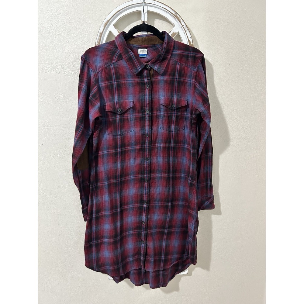 Kavu Dress M Purple Plaid Flannel Button Up Hiking Shirt Dress Elbow Patches *21